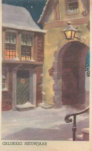 Postcard New Year greetings winter night old city architecture detail view illustration drawing