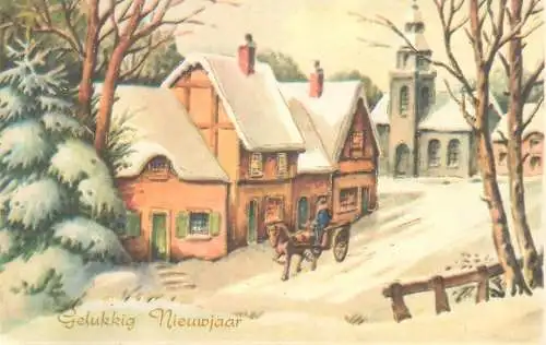 Postcard New Year greetings winter scenery horse-drawn carriage