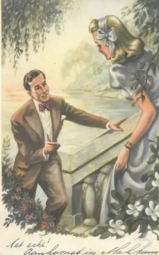 Postcard beautiful elegant lovers couple Steen signed illustration
