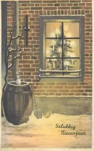 Happy New Year Post card winter night decorated Christmas tree seen through window