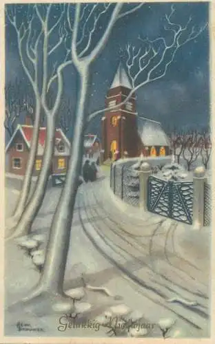 Happy New Year signed illustration Post card winter night