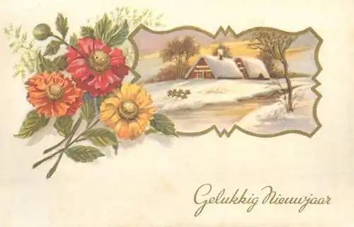 Happy New Year Postcard winter day colourful flower bouquet illustration