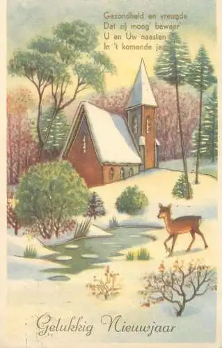 Happy New Year Postcard winter day deer at the pond