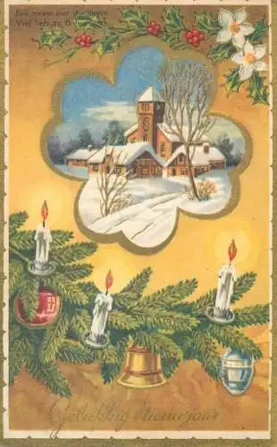 Happy New Year Postcard illustration greetings lit candles Winter Holidays motif