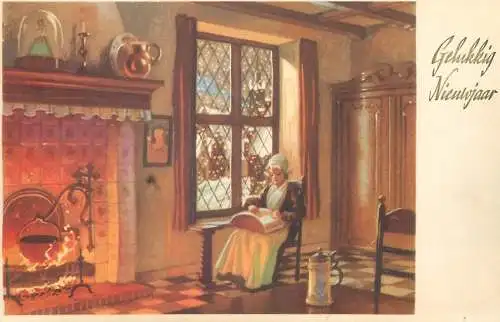 Happy New Year Postcard illustration greetings typical costume maid cooking fancy fireplace