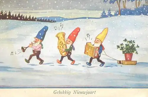 New Year Postcard illustration greetings dwarfs singing to musical instruments winter snowy day