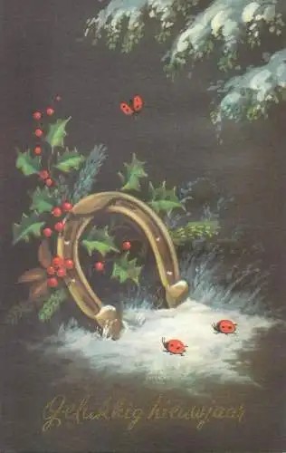 Postcard Happy New Year greetings horseshoe lucky charm