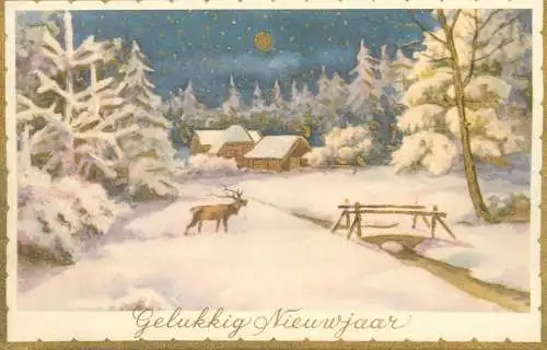 Postcard Happy New Year greetings winter night lonely stag