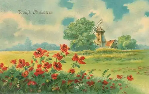 Postcard Happy Pentecost greetings windmill poppy field illustration