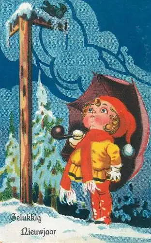 Postcard New Year greetings pipe smoking young man winter day comic funny illustration