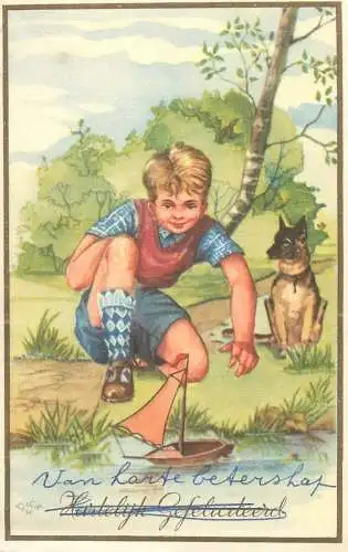illustration Postcard young boy playing with dog playing in the forest