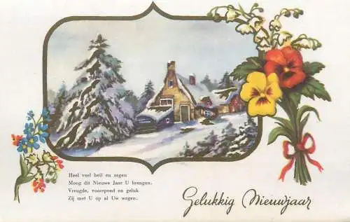 greetings Postcard New Year illustration winter scenery colourful flower bouquet