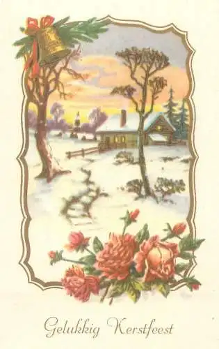 greetings Postcard Christmas illustration winter scenery flower bouquet