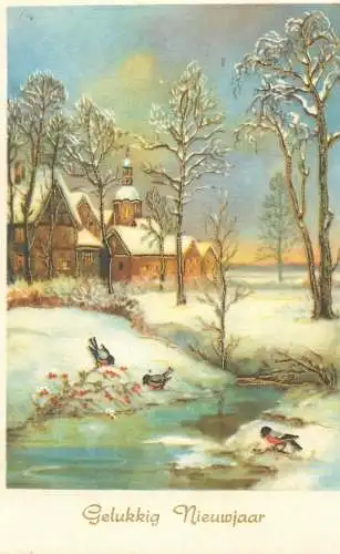 greetings Postcard New Year illustration winter scenery
