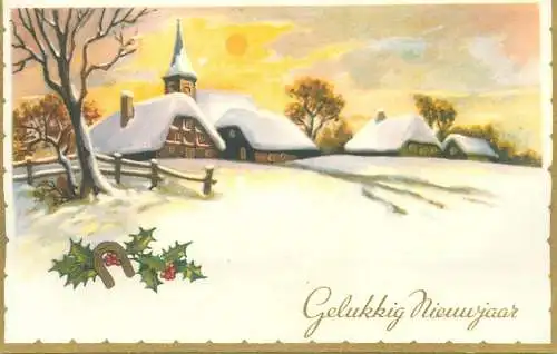 New Year greetings Postcard snow-covered landscape sunset view