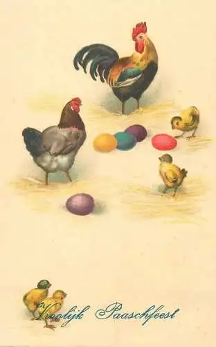 Easter greetings Postcard poultry family chicken hen rooster painted eggs