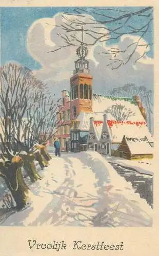 Christmas greetings Postcard winter scenery church illustration
