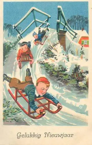 New Years greetings Postcard children sledding types illustration