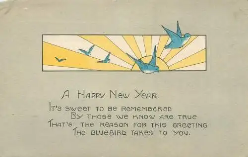 greetings New Year Postcard sunrise and birds drawing