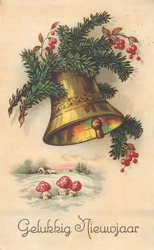 New Year greetings Postcard bell decorative ornament mushrooms winter day