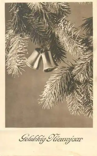 New Year greetings Postcard bells decorated Christmas tree detail view