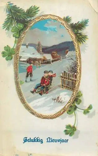 New Year greetings Post card winter day children sledding illustration