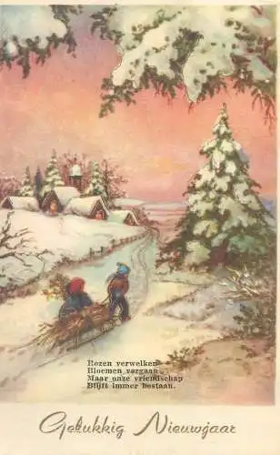 New Year greetings Postcard winter day illustration