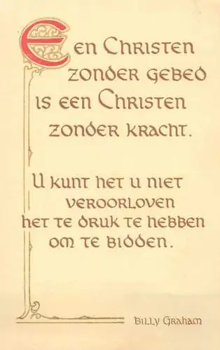 Postcard Pastor Billy Graham quote "A Christian without prayer is a Christian without strength" calligraphic writing