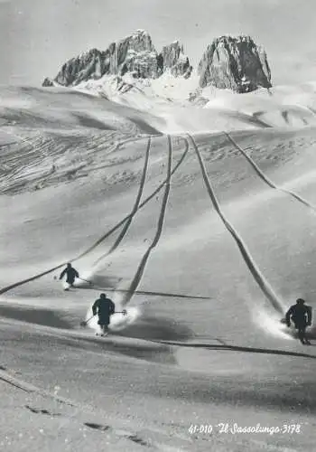 Postcard Italy Il Sassolungo Dolomiti winter scenery skiing types and scenes