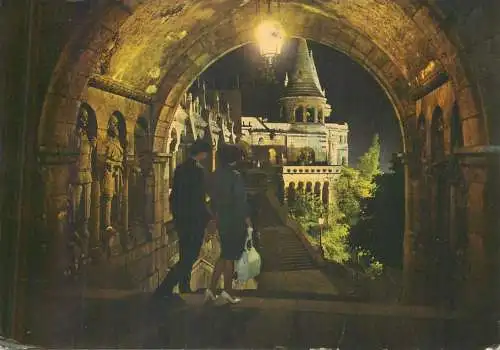 Postcard Hungary Budapest Fisher's Bastion nocturnal view