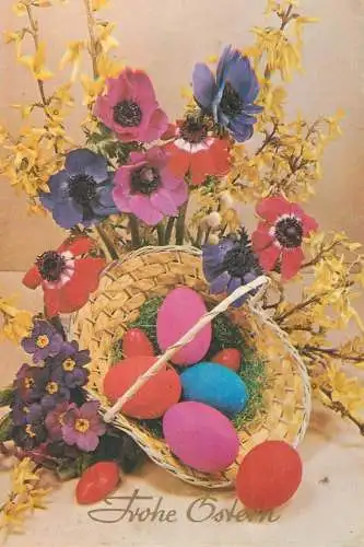 Easter greetings Postcard Frohe Ostern painted eggs basket and colourful floral arrangement