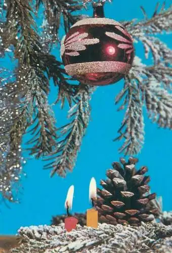 Merry Christmas greetings Postcard lit candles globe acorn decorated Christmas tree detail aspect