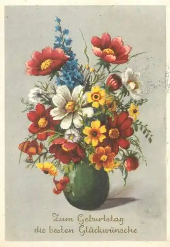 Birthday best wishes greetings Postcard colourful vase floral arrangement