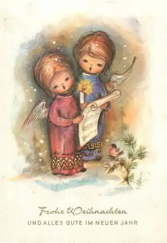 Winter Holidays greetings Postcard singing angels illustration