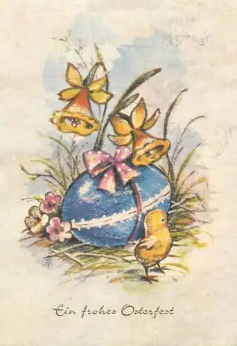 Easter greetings Postcard Ein frohes Osterfest fancy ribbon decorated pencilled egg chicken
