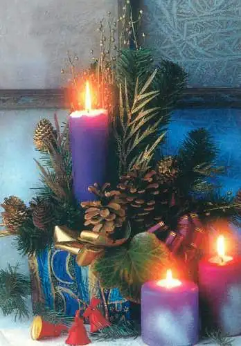Winter Holidays Greetings Postcard lit burning candle decorative ornament