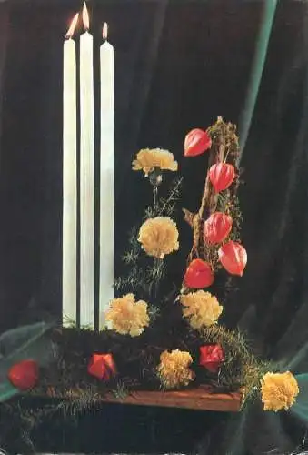 Postcard lit burning candles colourful floral arrangement - hommage