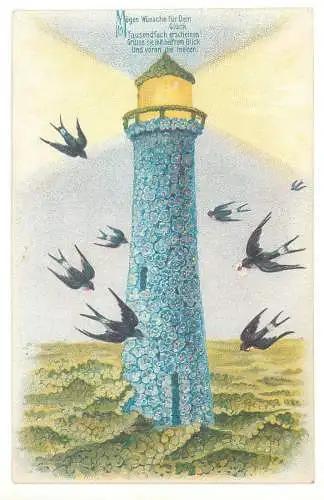 Blumen Buch Vergiss mein nicht / Forget me not flowers repro best wishes greetings postcard lighthouse