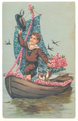Blumen Buch Vergiss mein nicht / Forget me not flowers repro best wishes greetings postcard sailship