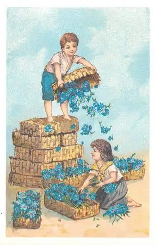 Blumen Buch Vergiss mein nicht / Forget me not flowers repro best wishes greetings postcard basket
