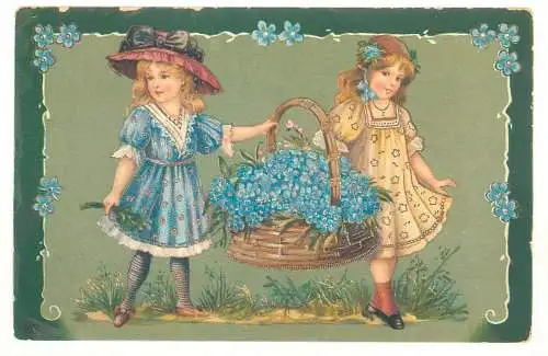 Blumen Buch Vergiss mein nicht / Forget me not flowers repro best wishes greetings postcard  basket