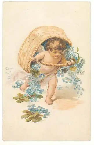 Blumen Buch Vergiss mein nicht / Forget me not flowers repro best wishes greetings postcard angel basket
