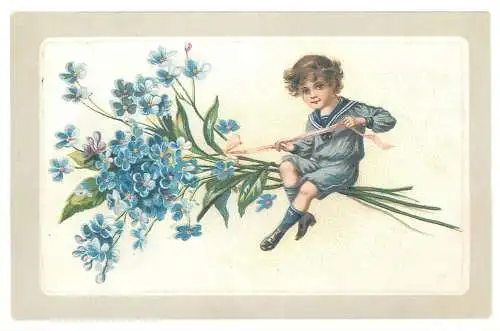 Blumen Buch Vergiss mein nicht / Forget me not flowers repro best wishes greetings postcard navy boy