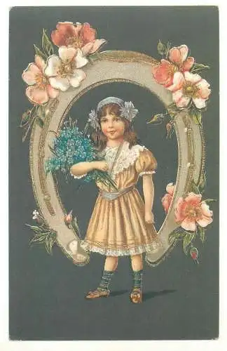 Blumen Buch Vergiss mein nicht / Forget me not flowers repro best wishes greetings postcard horseshoe
