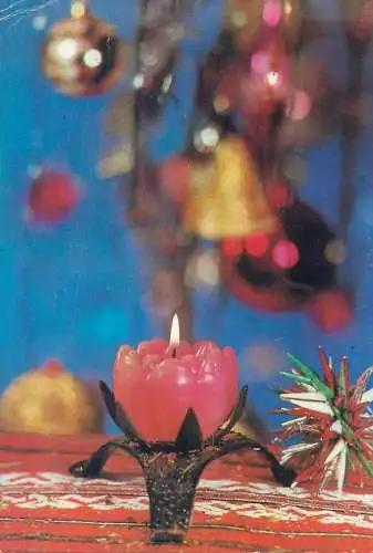 Flower postcard greetings Christmas candle and globe