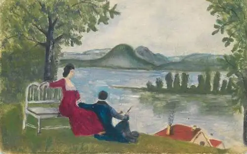 Postcard painting couple on coast place and author to identify B.L.W.I.