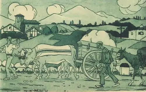 France Postcard cpa Pays Basque Sur la Route d'apres une aquarelle de Jacques le Tanneur