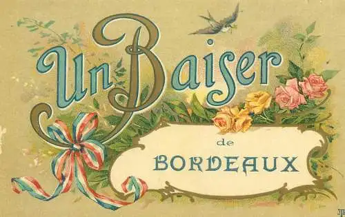 France greetings Postcard Un Baiser de Bordeaux swallow roses floral design