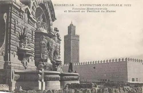 France cpa Postcard Marseille Exposition Coloniale 1922 Fontaine Monuementale et Minaret du Pavillon du Maroc