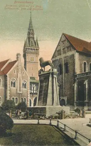 Postcard Germany Braunschweig clocktower lion statue